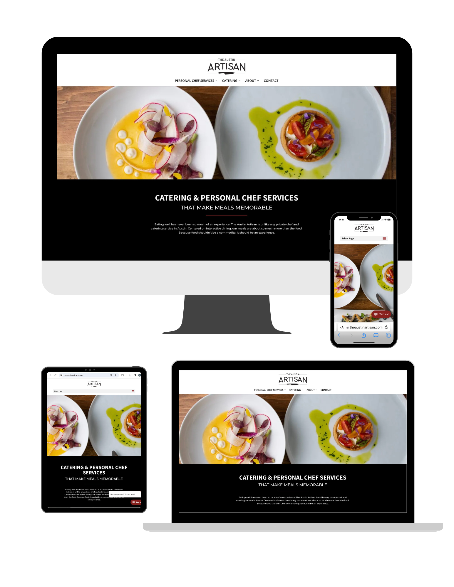 example from portfolio of thrive pr's chef and catering website design - shows large desktop, laptop, tablet and mobile phone images of the home page, which features beautiful, gourmet food plated on white plates