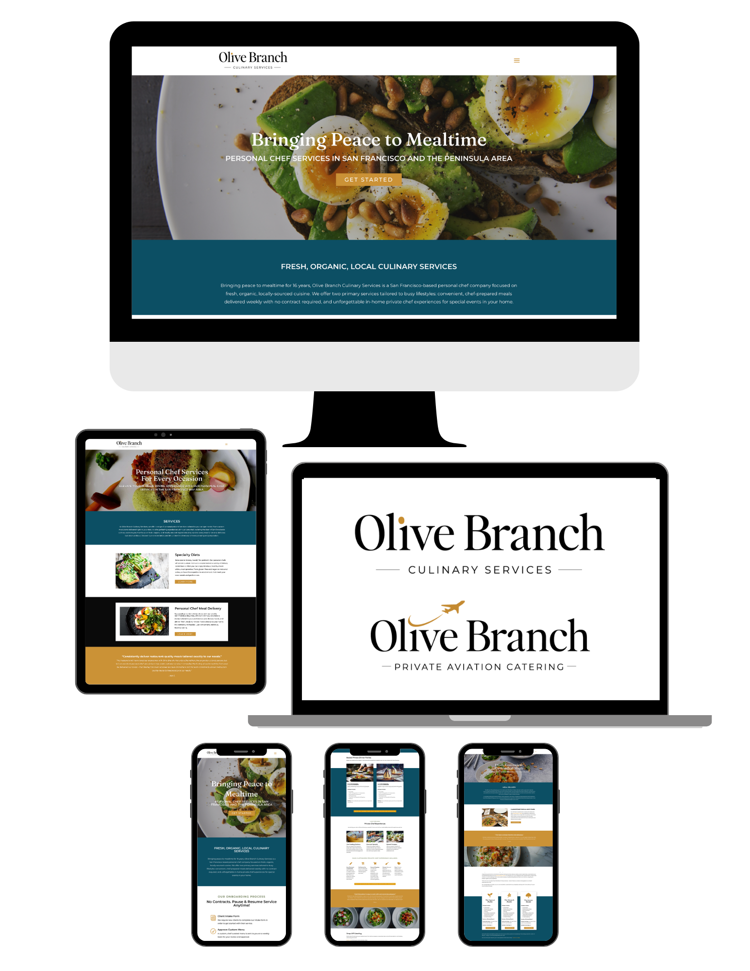 variety of images of olive branch culinary and private aviation catering website and logos created by thrive pr